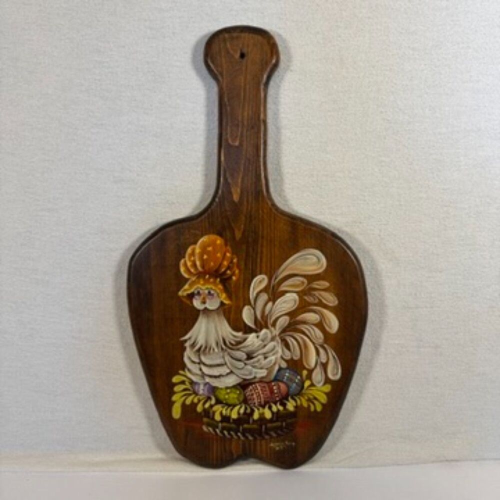 Lorraine Kemp Painted Wood Plaque 21" Vintage 1989 Hen Chicken Easter Basket